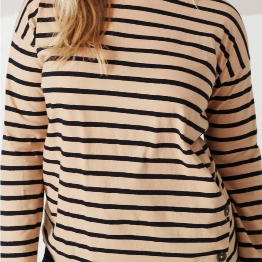 J.JILL SUEDED SIDE-BUTTON STRIPPED TEE NAVY 100% COTTON COASTAL CLASSIC PREPPY